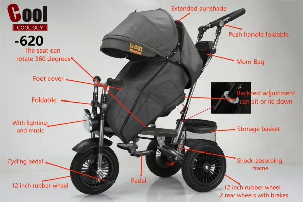 Children's Pedal Tricycle Bicycle 3 Rubber Wheels Bike with Canopy - 图片 2