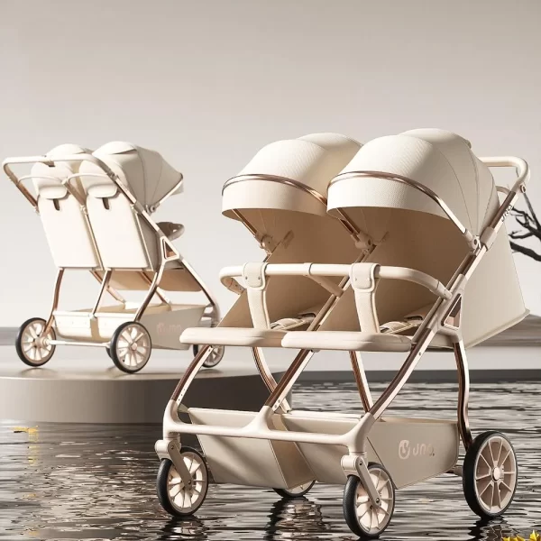Side by Side Twin Baby Stroller Heavy-Duty Aluminum Frame One-Step Fold Double Baby Pram, Wholesale