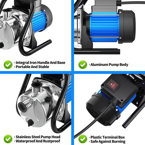 Water Transfer Pump 110V Shallow Well Pump 1.2HP 1500GPH Electric Portable Garden Pressure Booster Pumps for Pool Draining Farm Irrigation Lake Lawn Sprinkler System - 图片 4