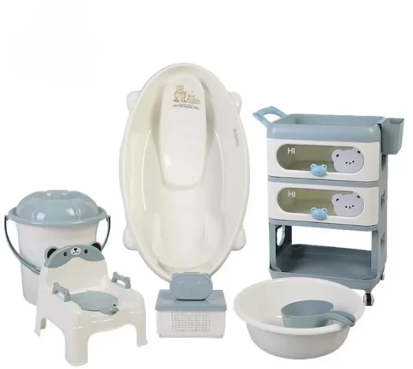 8-in-1 Baby Bath Tub Set with 3-Layer Cart, Potty Trainer, Bucket, Medicine Box, Bear Soap Dish, Water Scoop & Wash Basin, Wholesale - 图片 3