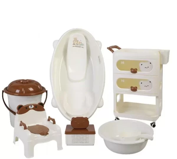 8-in-1 Baby Bath Tub Set with 3-Layer Cart, Potty Trainer, Bucket, Medicine Box, Bear Soap Dish, Water Scoop & Wash Basin, Wholesale - 图片 2