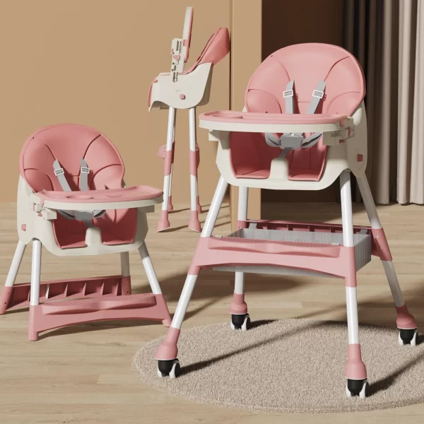 Foldable Baby High Chair Adjustable Height Double Tray Storage Basket Kid Feeding Seat