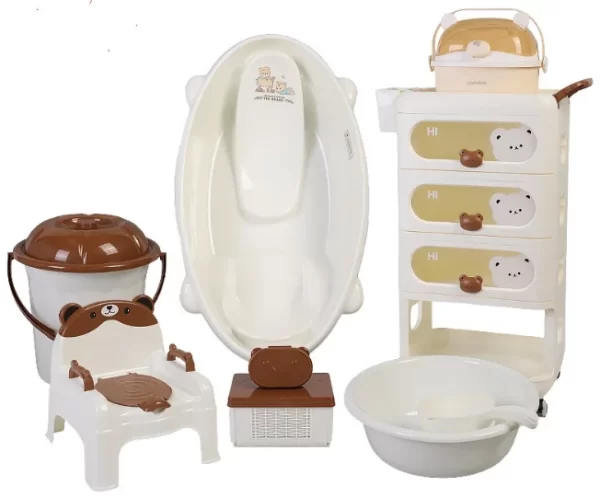 9-in-1 Baby Bath Tub Set with 4-Tier Cart, Potty Trainer, Bucket, Medicine Box, Bear Soap Dish, Water Scoop, Wash Basin & Bottle Storage Box, Wholesale - 图片 2