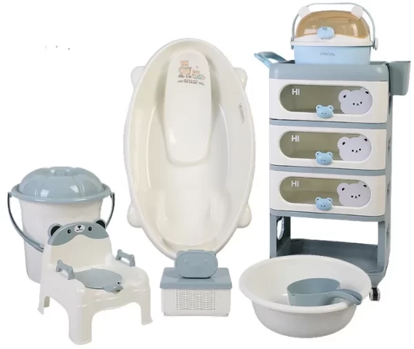 9-in-1 Baby Bath Tub Set with 4-Tier Cart, Potty Trainer, Bucket, Medicine Box, Bear Soap Dish, Water Scoop, Wash Basin & Bottle Storage Box, Wholesale