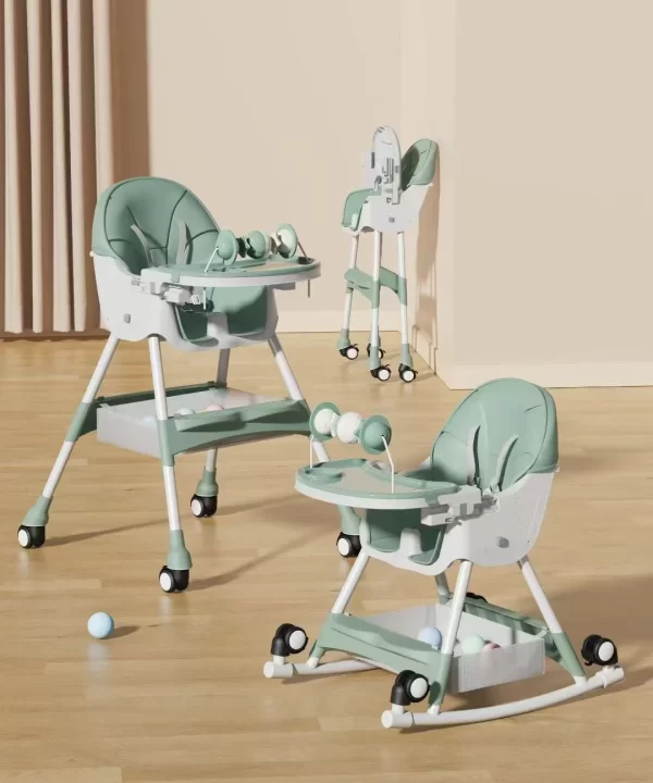 2-in-1 Baby High Chair with Rocking Horse Mode Toys Adjustable Height Foldable Double Tray