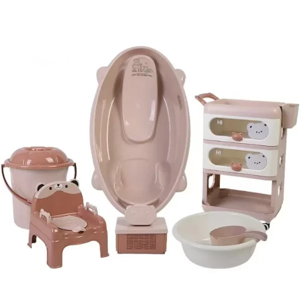 8-in-1 Baby Bath Tub Set with 3-Layer Cart, Potty Trainer, Bucket, Medicine Box, Bear Soap Dish, Water Scoop & Wash Basin, Wholesale
