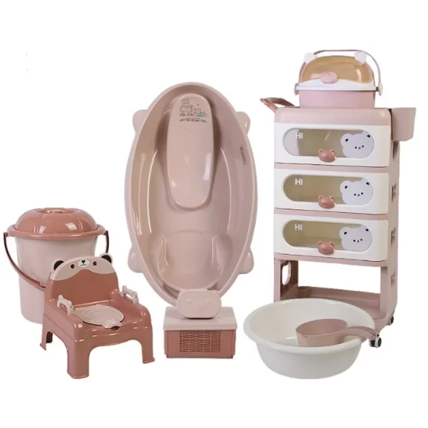 9-in-1 Baby Bath Tub Set with 4-Tier Cart, Potty Trainer, Bucket, Medicine Box, Bear Soap Dish, Water Scoop, Wash Basin & Bottle Storage Box, Wholesale - 图片 3