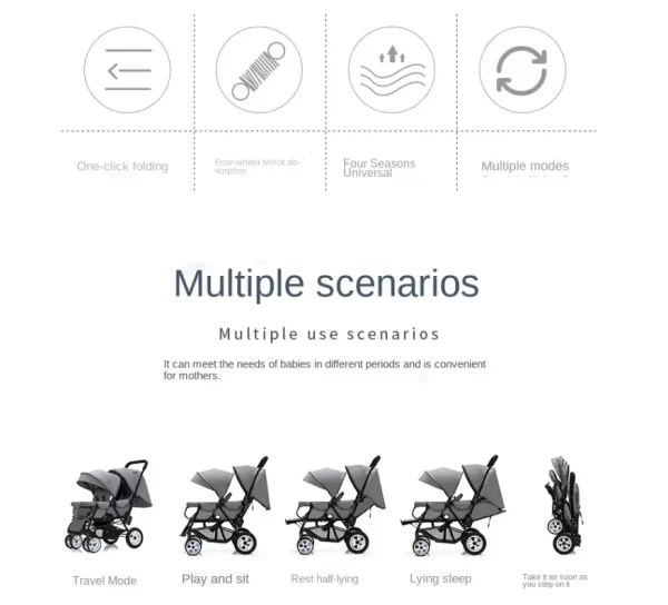 Baby Twin Stroller with Peek-a-boo Window Adjustable Seats Front & Rear Suspension Extra Storage, Wholesale - 图片 6