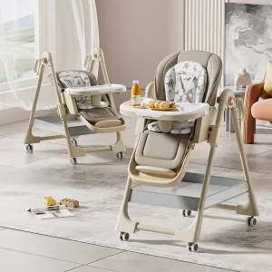 Foldable Baby High Chair with Wheels 7 Adjustable Height & 4-Position Backrest with Double Tray and Storage Basket, Wholesale