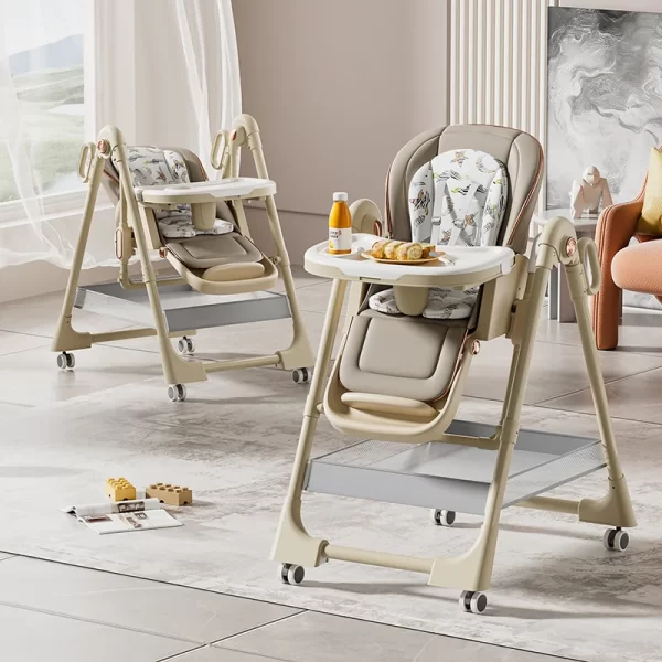 Baby High Chair Baby Swings Rocking Chair with Wheels Foldable 7 Adjustable Height & 4-Position Backrest with Double Tray, Wholesale - 图片 3