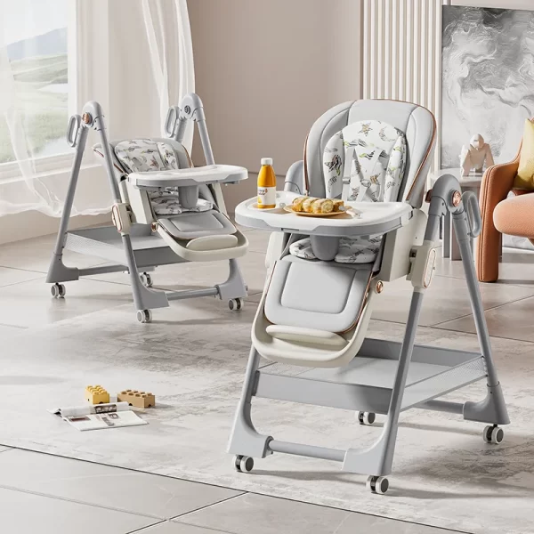 Foldable Baby High Chair with Wheels 7 Adjustable Height & 4-Position Backrest with Double Tray and Storage Basket, Wholesale - 图片 2