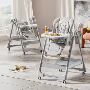 Baby High Chair Baby Swings Rocking Chair with Wheels Foldable 7 Adjustable Height & 4-Position Backrest with Double Tray, Wholesale