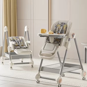 Baby High Chair with Wheels, Adjustable Height, Backrest, Footrest, Tray, Foldable High Chair for Toddlers, Wholesale