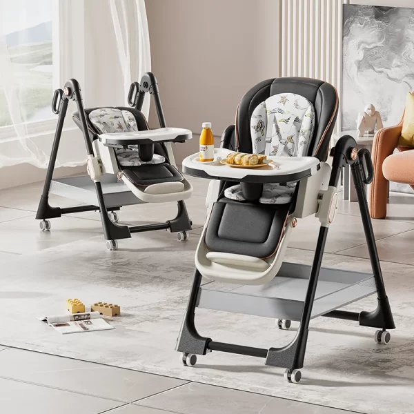 Foldable Baby High Chair with Wheels 7 Adjustable Height & 4-Position Backrest with Double Tray and Storage Basket, Wholesale - 图片 3