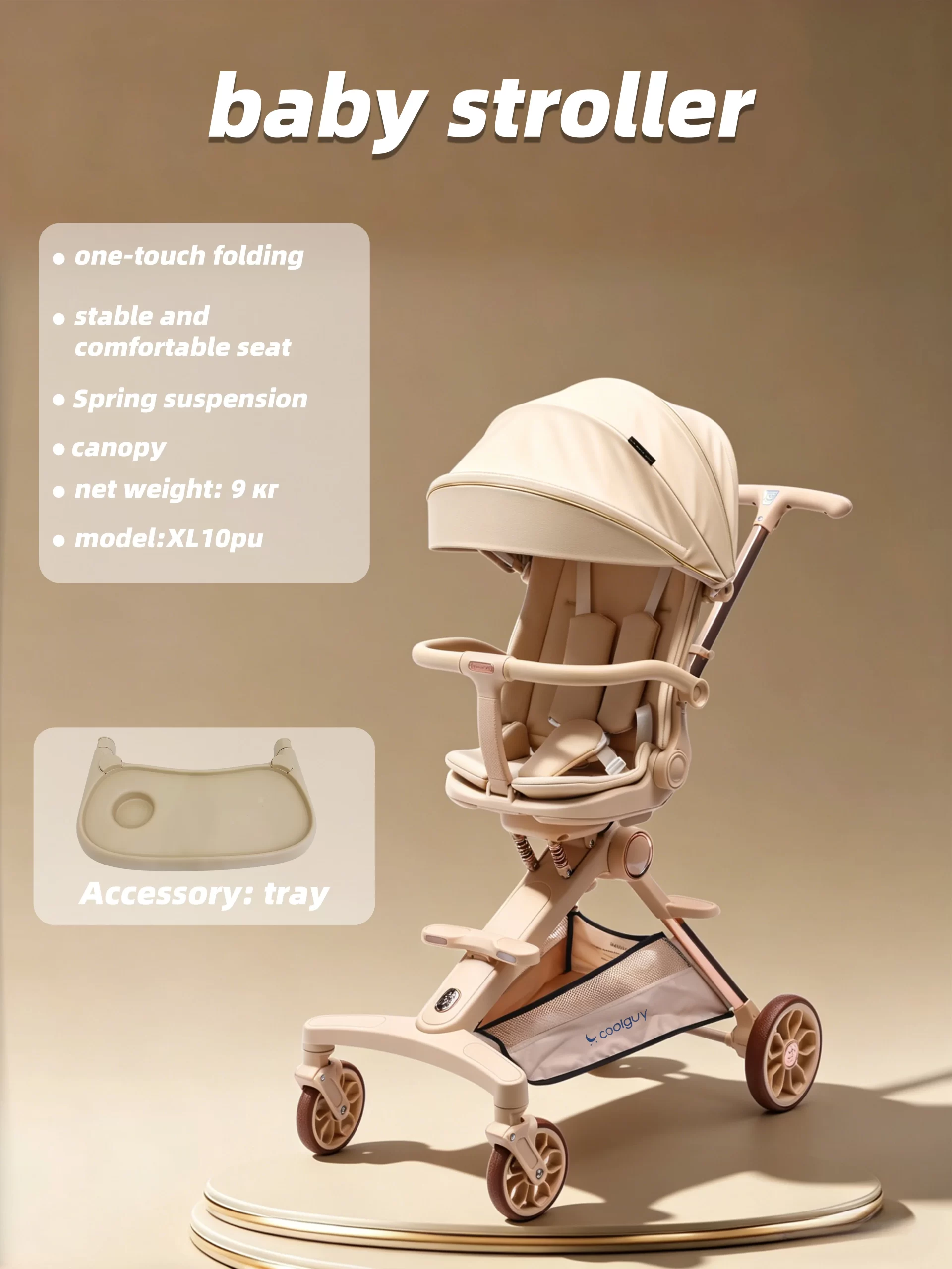 Wholesale One-Touch Fold Baby Stroller, Spring Suspension Breathable Mesh Seat Portable Travel Pram with Tray Accessory - 图片 5