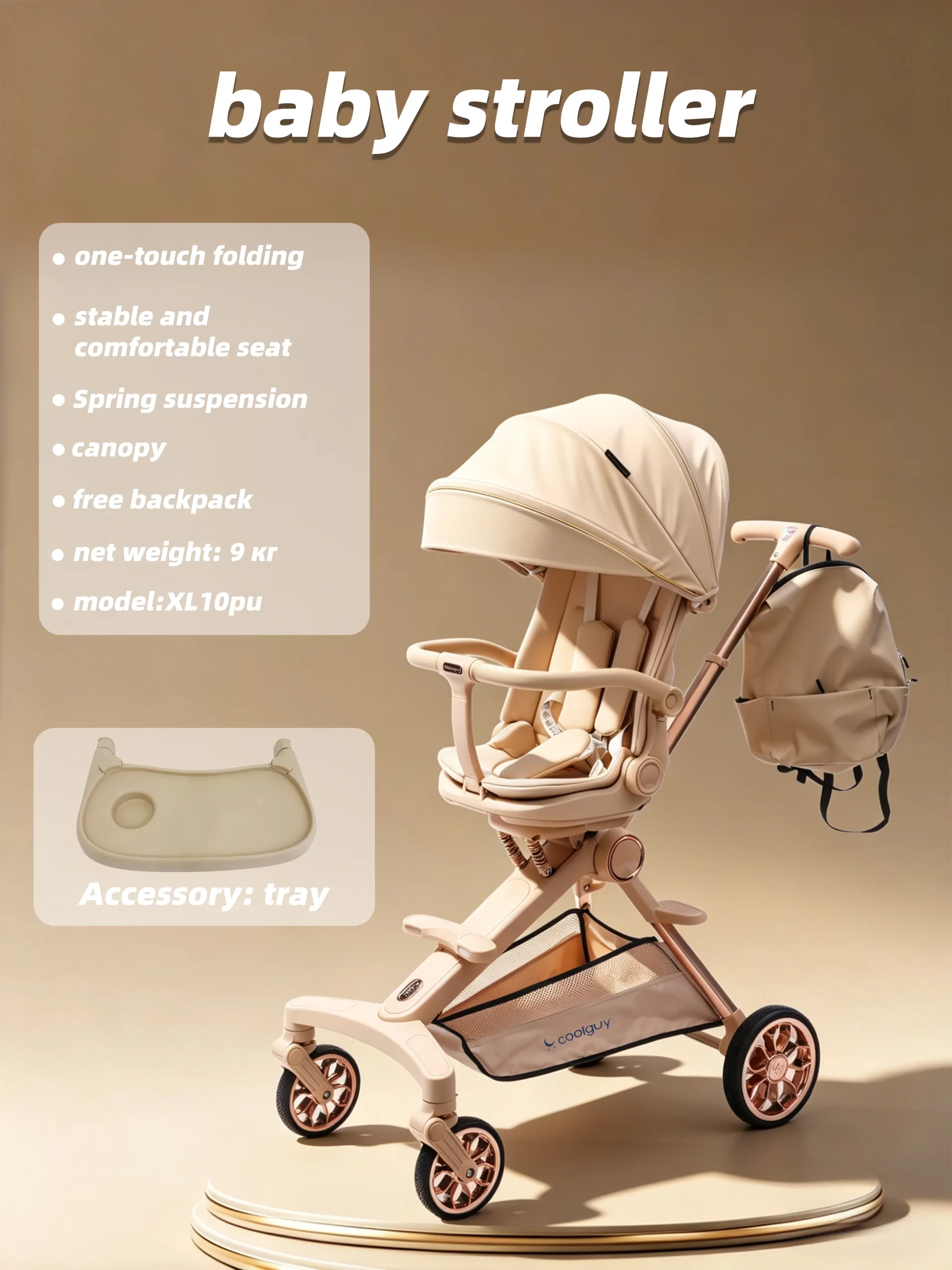 Wholesale One-Touch Fold Baby Stroller, Spring Suspension Breathable Mesh Seat Portable Travel Pram with Tray Accessory - 图片 5