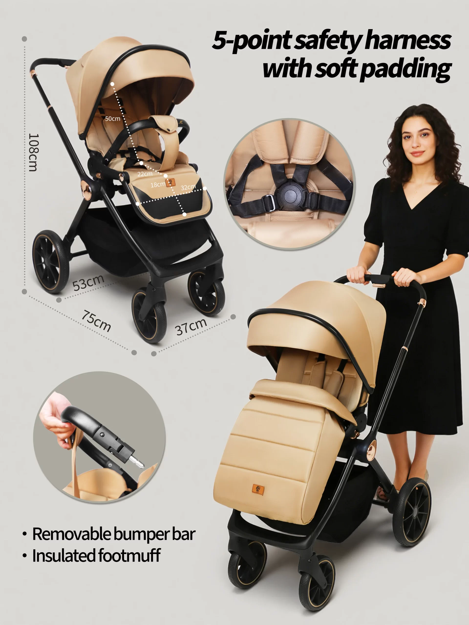 Wholesale Premium 3 in 1 Baby Stroller with Bassinet and Car Seat Newborn Stroller for Infant Toddler Pram with Footmuff - 图片 9