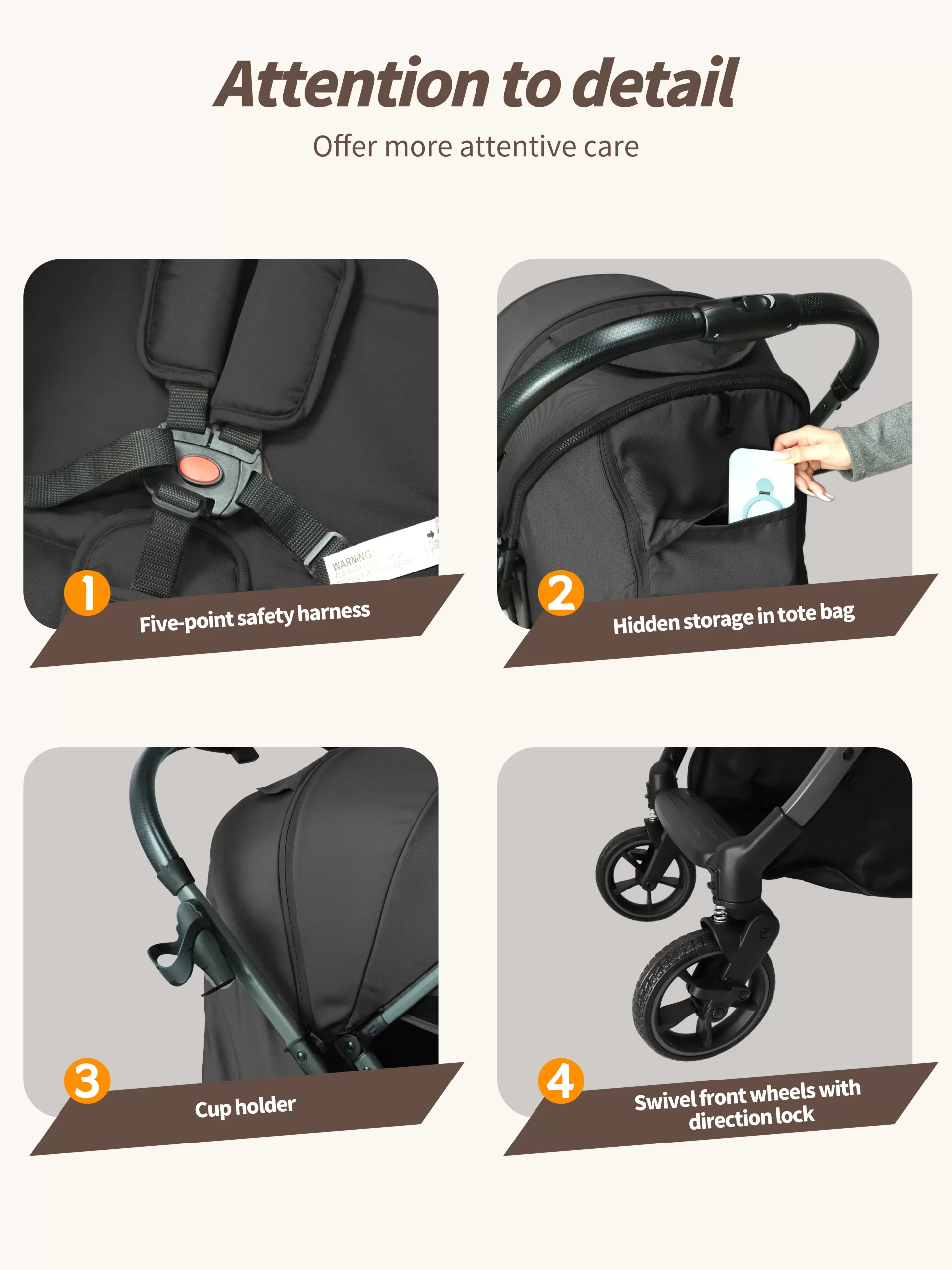 Wholesale All-Weather Luxury Baby Stroller: Reversible Handle, Compact Fold, Full Protection - 图片 7