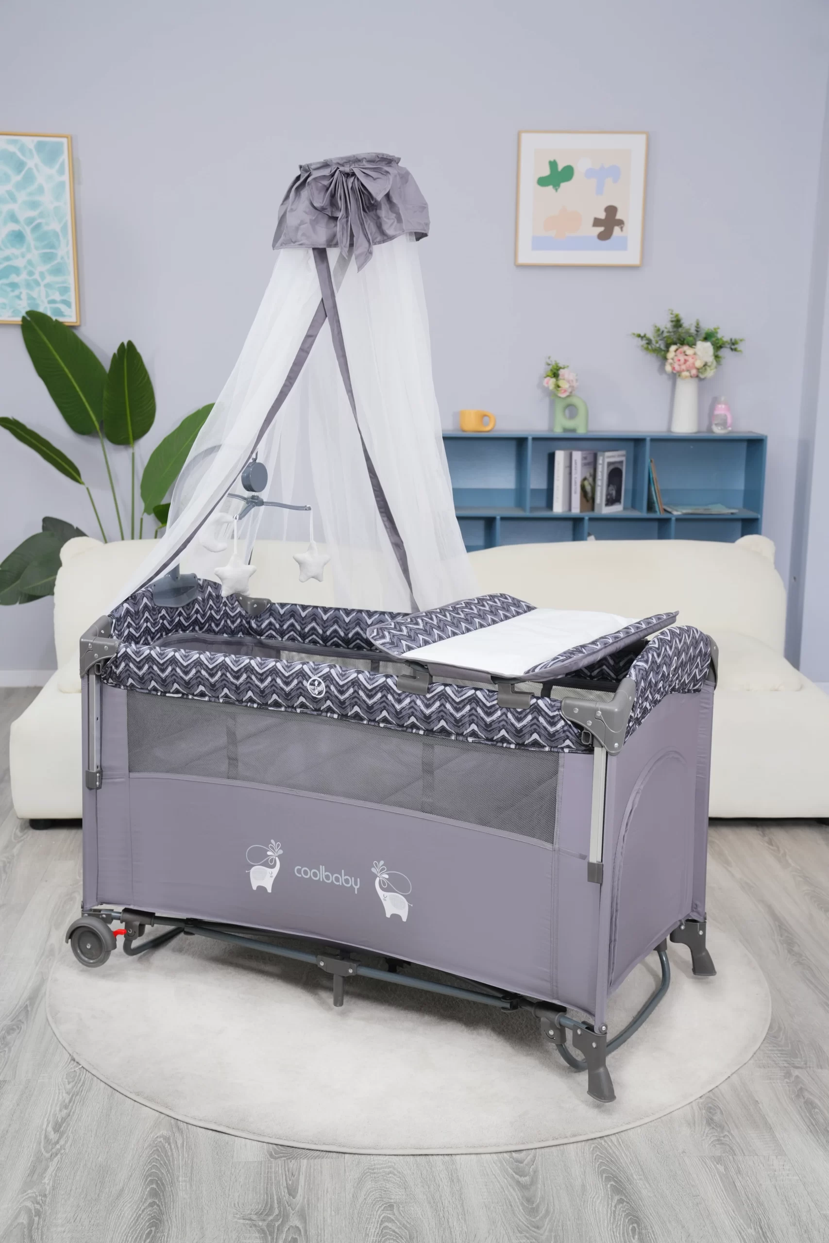 Wholesale Foldable Multifunctional Baby Playard Crib with Mosquito Net, Changing Table, Toy Bar & Storage - 图片 14
