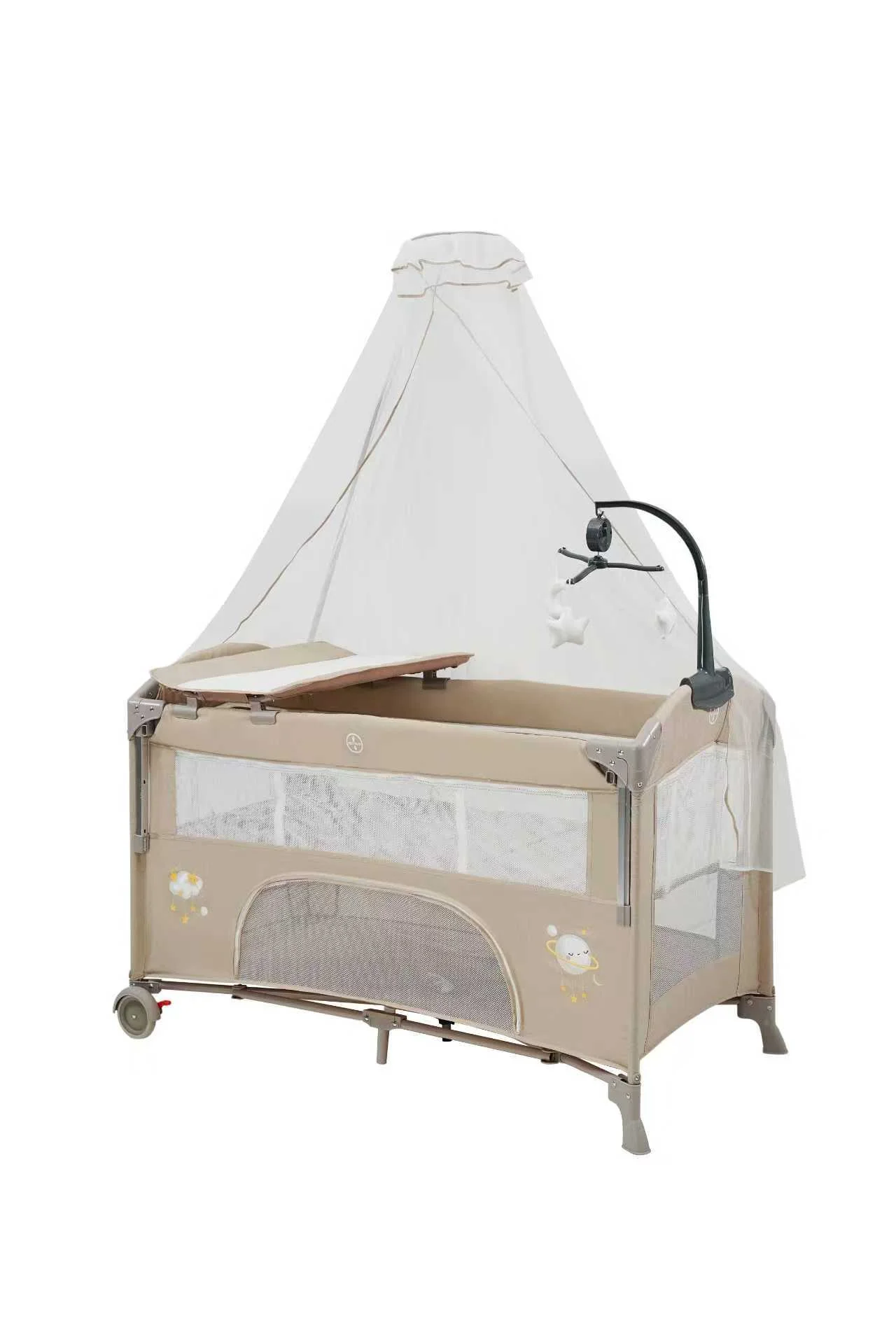 Wholesale Multifunctional Baby Travel Bed, Foldable Playpen with Changing Table, Adjustable Canopy & Storage Basket for Newborns