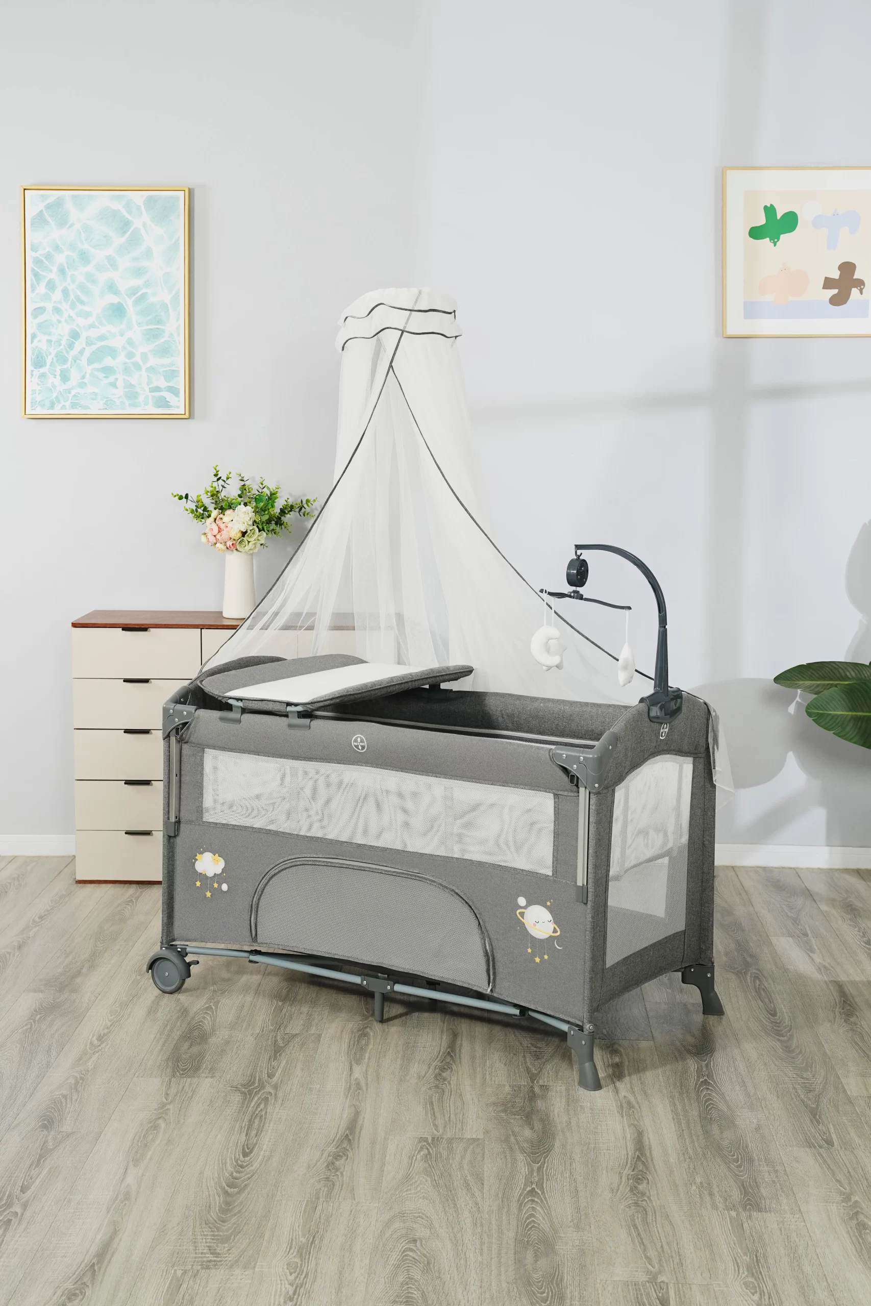 Wholesale Multifunctional Baby Travel Bed, Foldable Playpen with Changing Table, Adjustable Canopy & Storage Basket for Newborns - 图片 6
