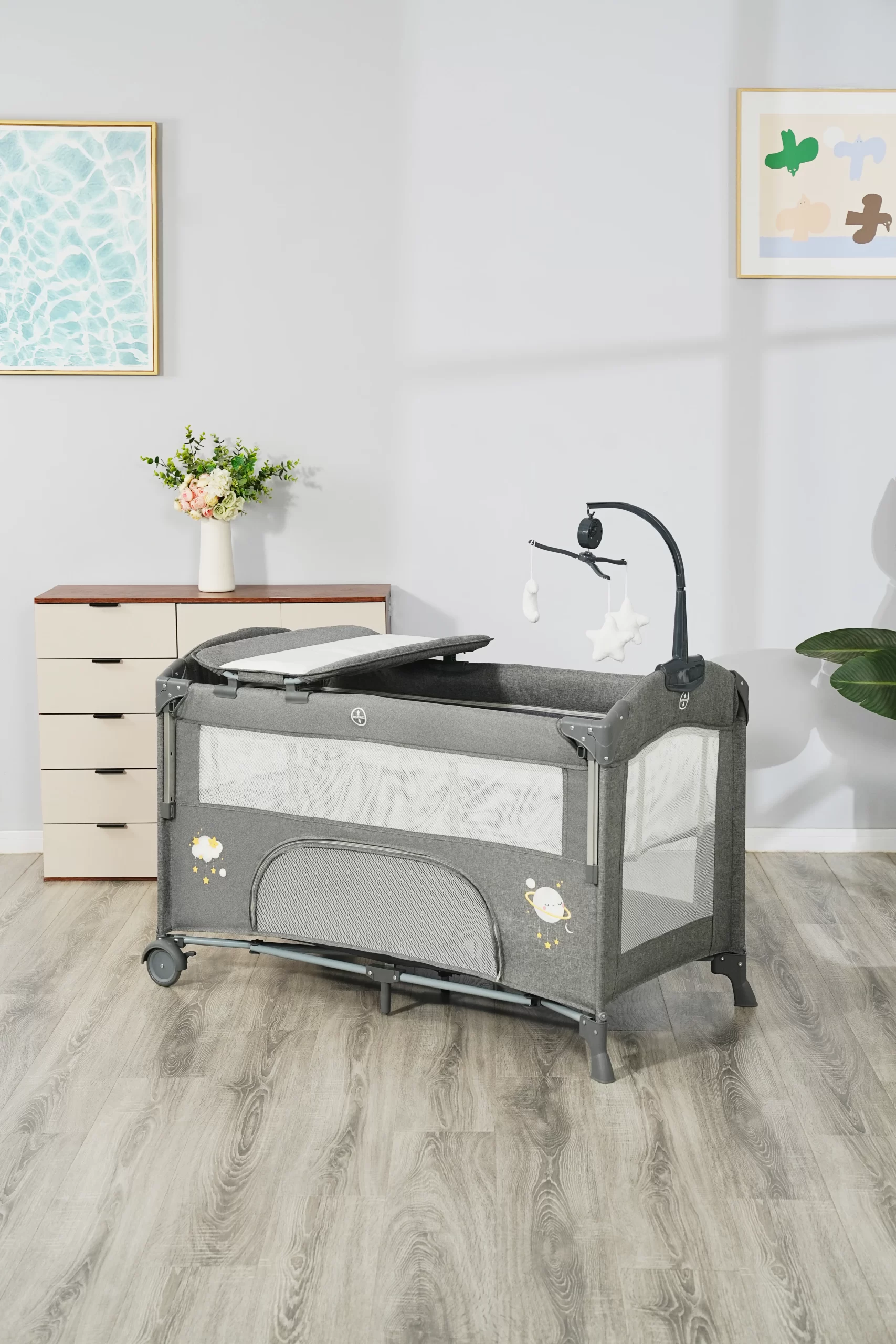 Wholesale Multifunctional Baby Travel Bed, Foldable Playpen with Changing Table, Adjustable Canopy & Storage Basket for Newborns - 图片 7