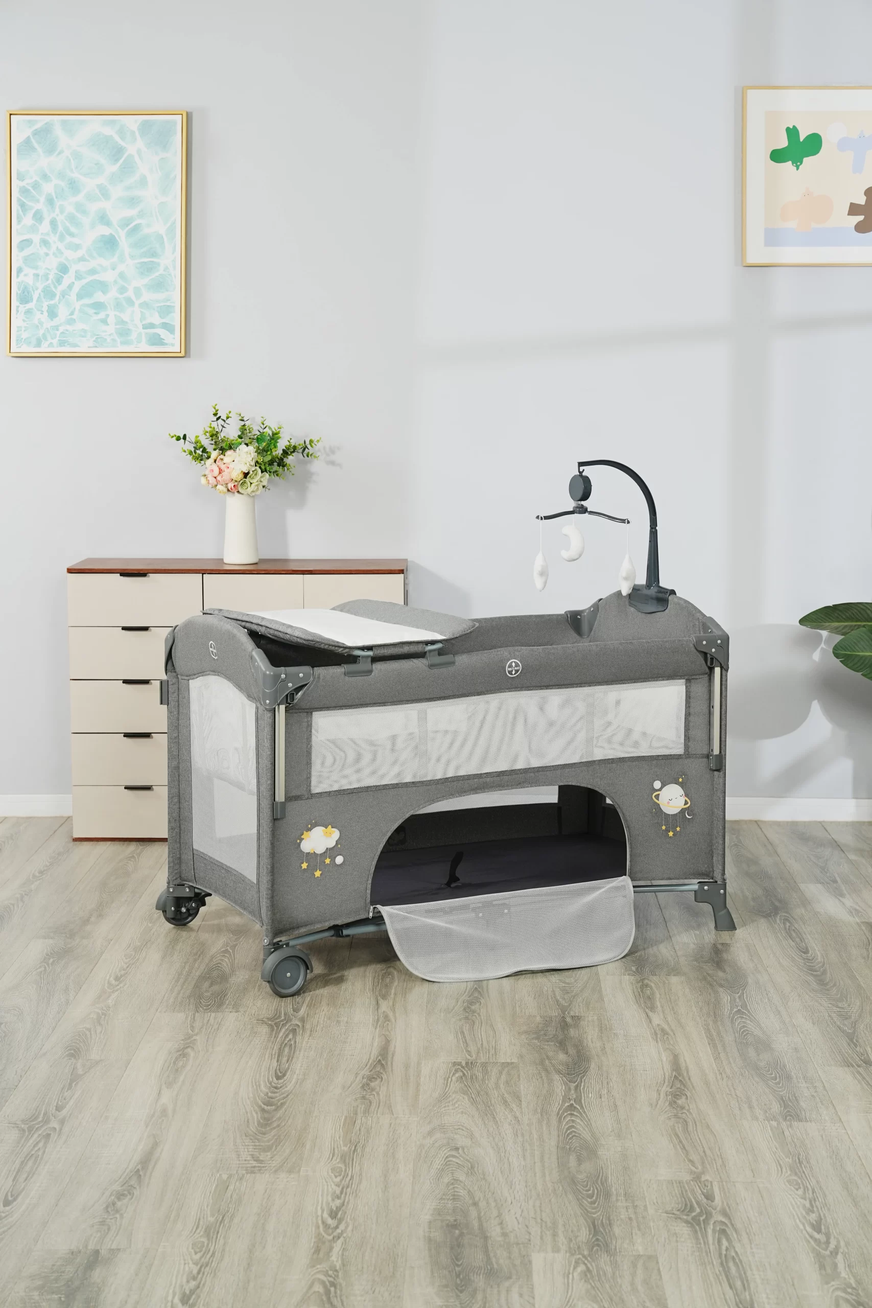 Wholesale Multifunctional Baby Travel Bed, Foldable Playpen with Changing Table, Adjustable Canopy & Storage Basket for Newborns - 图片 8