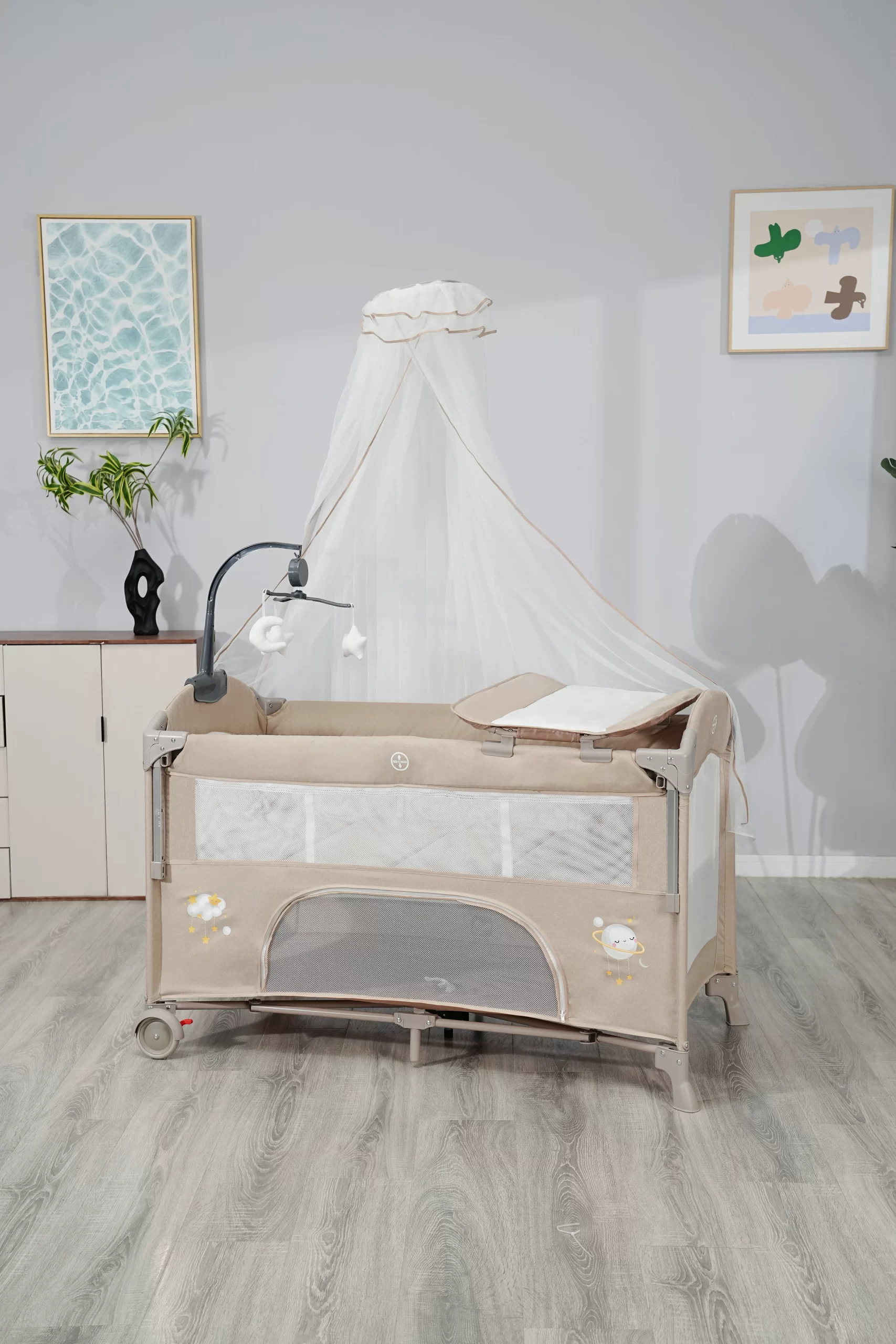 Wholesale Multifunctional Baby Travel Bed, Foldable Playpen with Changing Table, Adjustable Canopy & Storage Basket for Newborns - 图片 10