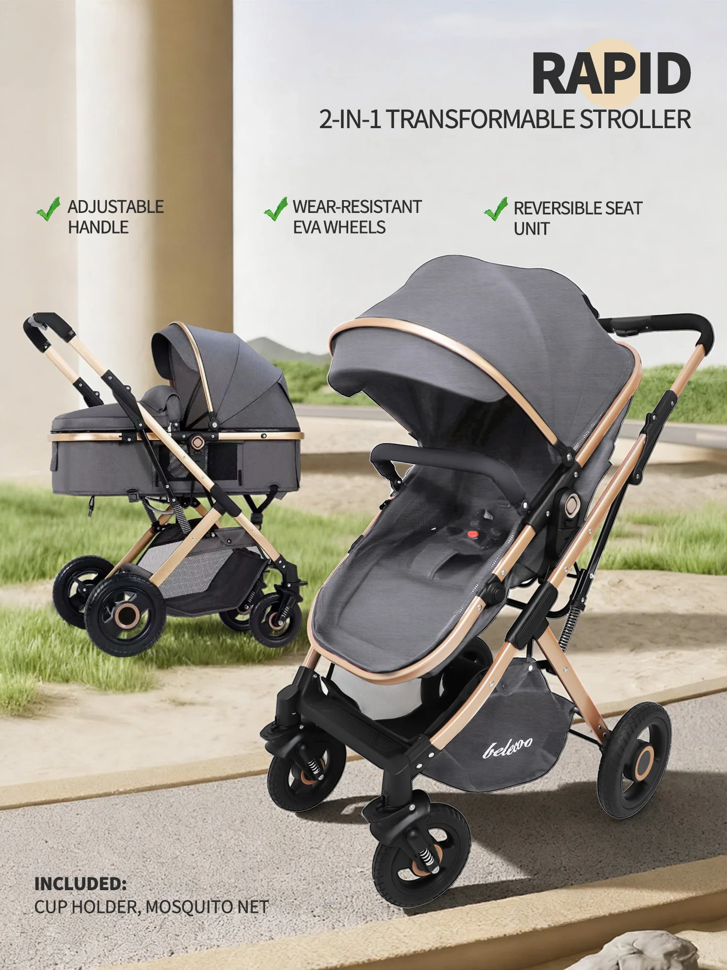 Wholesale Reversible Lightweight Baby Stroller, One Hand Fold High View Travel Pram Newborn Friendly - 图片 4