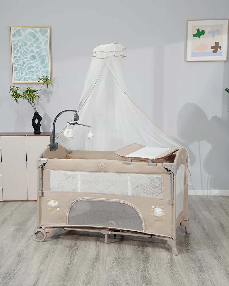 Wholesale Multifunctional Baby Travel Bed, Foldable Playpen with Changing Table, Adjustable Canopy & Storage Basket for Newborns - 图片 21