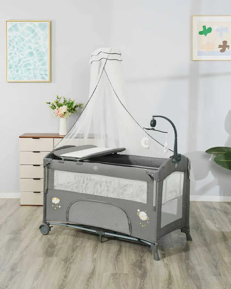 Wholesale Multifunctional Baby Travel Bed, Foldable Playpen with Changing Table, Adjustable Canopy & Storage Basket for Newborns - 图片 15
