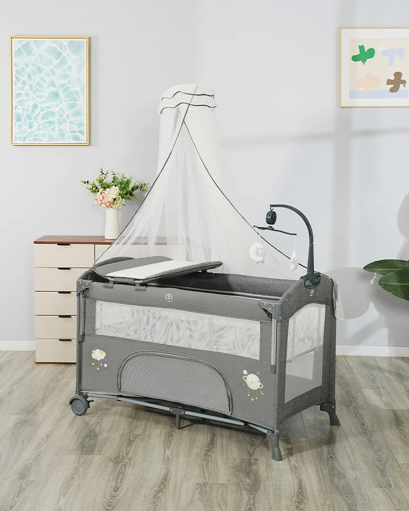 Wholesale Multifunctional Baby Travel Bed, Foldable Playpen with Changing Table, Adjustable Canopy & Storage Basket for Newborns - 图片 25